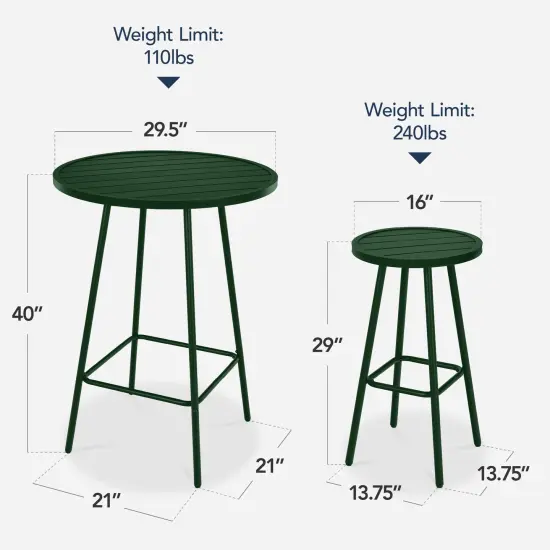 Best Choice Products 3-Piece Steel Patio Bar Height Round Bistro Set w/ Backless Stools, Slatted Design Dark Green {2}