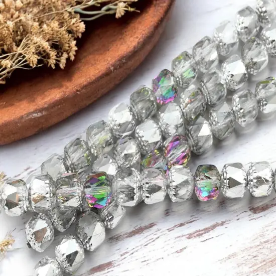 *12* 10mm Silver Washed Crystal AB Fire Polished Cathedral Beads {4}
