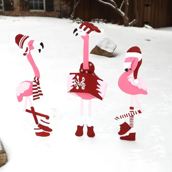 Haute Decor Outdoor Christmas Caroling Flamingos Trio Yard Decor - Sturdy Weatherproof Metal Construction, 3 Holiday Flamingos, Yard Stakes Included {2}