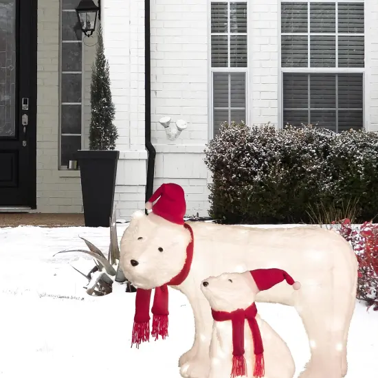Haute Decor Mama and Baby Polar Bear (Set of 2) Easy Setup Outdoor Lighted Christmas Yard Decor with 50 Warm White LED Lights and Classic Red and White Hat and Scarf {5}