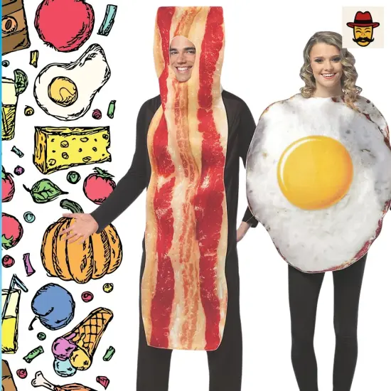 Bacon Slice and Fried Eggs Couples Costume Set Food Tunics Funny Breakfast Halloween Outfit {6}