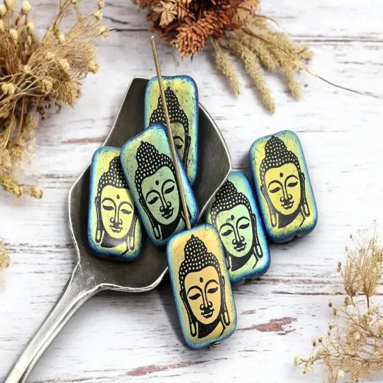 *6* 19x12mm Jet Black AB Laser Etched Buddha Rectangle Beads {2}