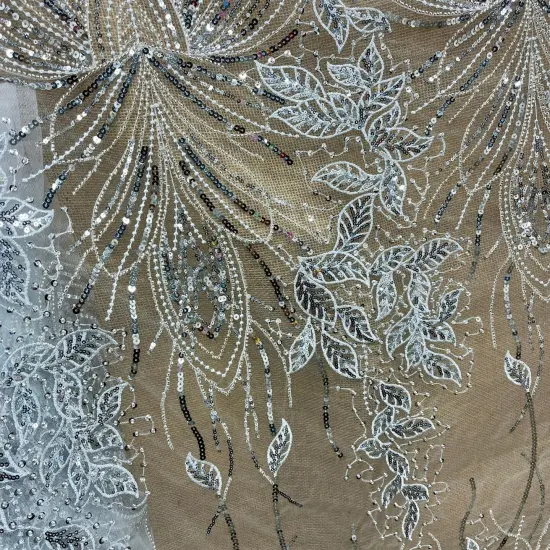 1 Yard Silver Beaded & Sequined Embroidered Lace Fabric on 100% Polyester Mesh, 52" Wide White {4}