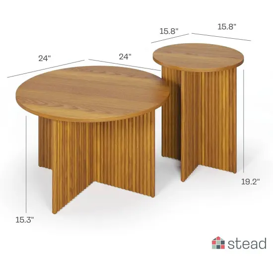 Stead Round Fluted Nesting Coffee Tables, 2 Piece Coffee Table Set, Modern Coffee Table for Living Room, Modern Home Decor, Solid Wood Base and Wood Grain Veneer Top (Medium Oak) {7}