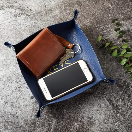 Juvale Leather Catchall Dish, Valet Tray, Phone Wallet Keys Holder, Entryway Basket for Keys, Organizer Tray for Entryway, Nightstand and Desk, Navy Blue, 6.9 x 6.9 x 2.2 in {3}