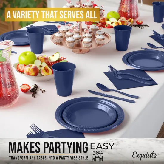 Exquisite 182 Pcs Plastic Plates for Party &ndash; Disposable Plates Set &ndash; 26 Each of 9" Dinner Plates, 7" Dessert Plates, Plastic Cups, Napkins & Plastic Cutlery &ndash; Plastic Dinnerware by Party Solids Navy {6}