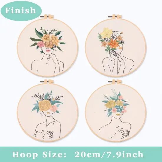 REEWISLY 4 pcs of Embroidery Starter kit with Patterns and Instructions, DIY Adult Beginner Cross Stitch Kits, Including 2 Plastic Embroidery Rings, 1 Pair of Scissors, Colored Threads and Needles {5}