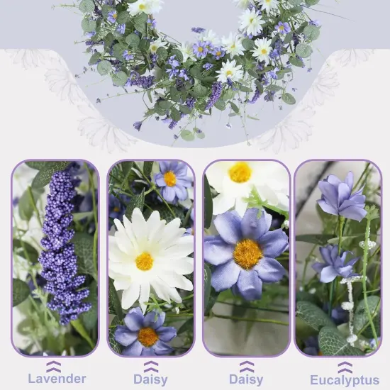 Spring Wreaths for Front Door with Lights Timer, Handmade Floral Wreath with Lavender, Daisy & Eucalyptu {4}