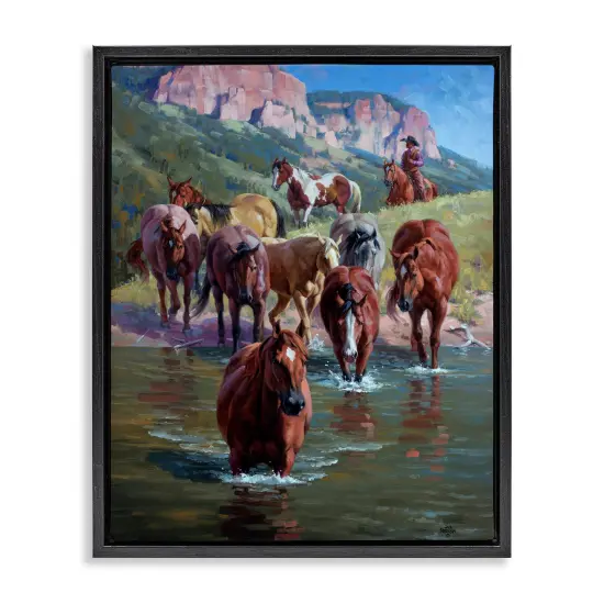 Stupell Industries Cowboy Leading Horses in River Floating Frame By Jack Sorenson {1}
