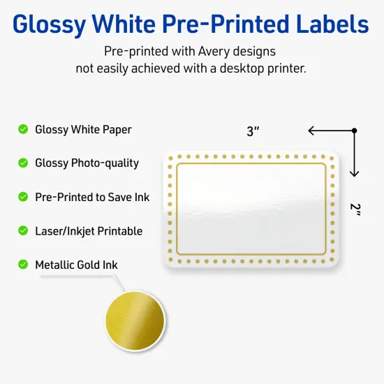 Avery Printable Rectangle Labels, Gold Border with Gold Dots, 2" x 3", Glossy White Rectangle Labels, Permanent, Laser/Inkjet, 80ct, Great for Product Labels {2}