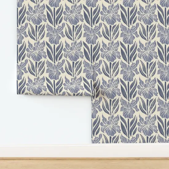 Peel & Stick Wallpaper 2FT Wide Block Print Floral Periwinkle Blue Irises Bohemian Farmhouse Flowers Cottagecore Custom Removable Wallpaper by Spoonflower {2}