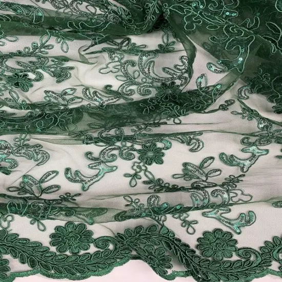 1 Yard Hunter Green Corded Sequin Lace Mesh Fabric with Double Scalloped Edge 54&rdquo; Wide {3}