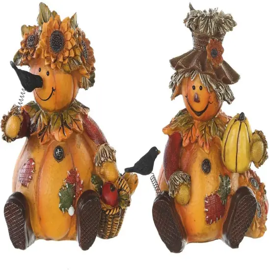 Set of 2 -Polystone Table Decor Seasonal Fall Harvest Statue Pumpkin {1}