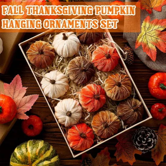 12 Pcs Fall Pumpkin Hanging Ornament 2 Inches Velvet Pumpkins {2}