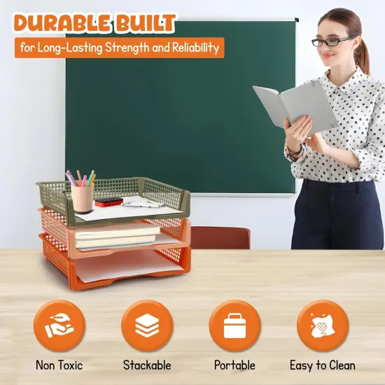 4E's Novelty 6 Pack Stackable Trays for Classroom, Durable Organizer With Classy Colors, Boho Paper Tray for Classroom, Durable Classrooms Paper Trays for Teachers, Teacher Turn In Tray Storage {5}