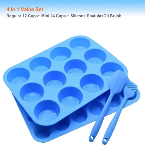 Silicone Muffin Pan Cupcake Set &ndash; Non-Stick 12 Cups and Mini 24 Cups,Silicone Baking Molds,BPA Free Muffin Tin with 1 Silicone Spatula & 1 Oil Brush (blue) {4}
