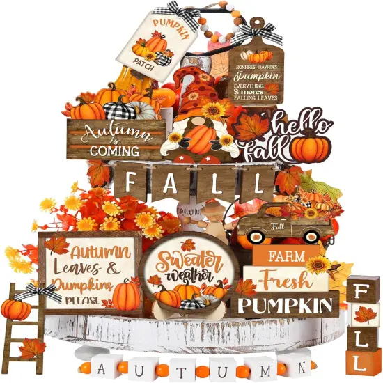 21 Pcs Fall Thanksgiving Tiered Tray Decor Set Pumpkin Gnome(Vintage) {1}