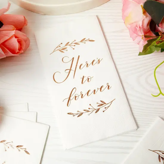 100 Pack White Napkins for Wedding Reception with Rose Gold Foil Accents, Here's To Forever, 3-Ply, 4 x 8 in {2}