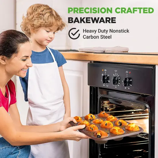 Muffin Pans for Baking, Nonstick 2-Piece Cupcake Tin w/ 12-Cups, Carbon Steel Stackable Cup Cake Tray, Dishwasher Safe - Gold {1}