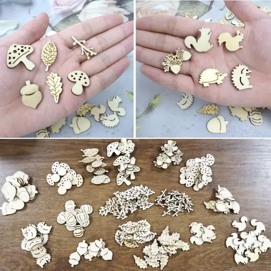 200PCS Unfinished Squirrel Hedgehog Leaf Mushroom Shape Wood Slices {3}