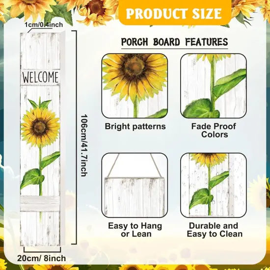 Spring Summer Porch Sign Sunflower Wooden Welcome Sign for Front Porch Standing Vertical Sign Rustic Spring Decor with White Background for Farmhouse Door Decoration, 42" H {3}