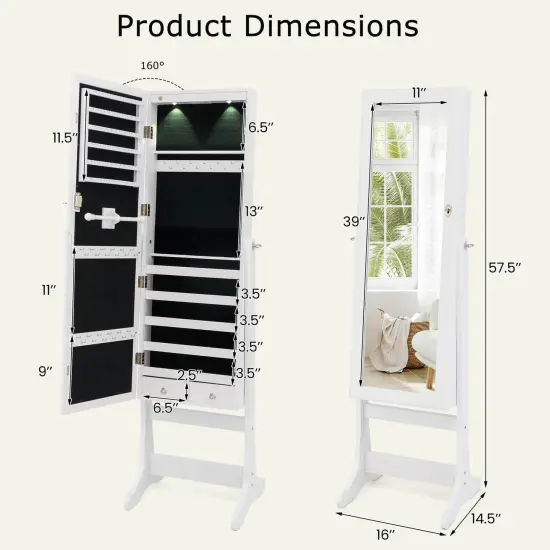 Costway Lockable Mirrored Jewelry Cabinet Armoire Organizer Storage with Stand & LED Lights White/Black/Brown {3}