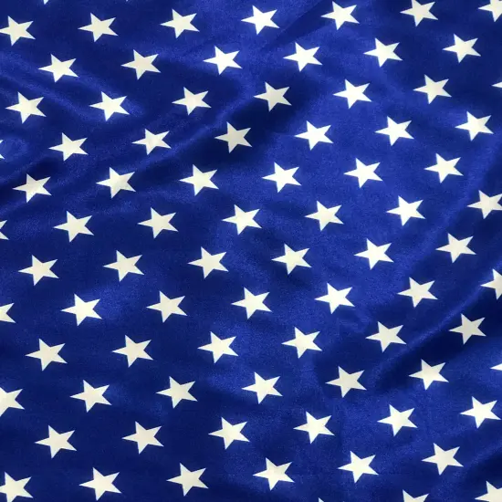 1 Yard White Star Charmeuse Satin Fabric Royal Blue Background Shiny Non Stretch Polyester 60 Inch Width {2}
