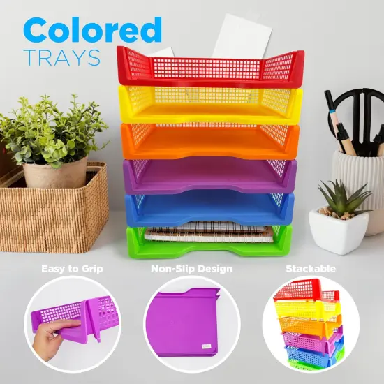 4E's Novelty 6 Colorful Plastic Trays for Teachers, Durable Turn in Trays, Classroom Paper Organizers, Stackable Storage Baskets for Office Desk, Classroom Organization Supplies, 13.3"L x 9.2"W x 3"H {3}