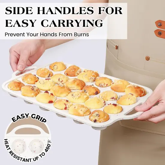 Silicone Muffin Pans For Baking Mini Nonstick Cupcake Pan 24 Cups Silicone Cupcake Molds With Metal Reinforced Frame Bpa Free (2 Pcs, Cream) {3}