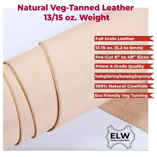 Veg Tan Full Grain Leather 13/15 Oz. (5.2-6mm) Heavy ThicknessPre-Cut 6" to 48" SizesNatural Cowhide Skirting Tooling Leather Crafts Projects Repair Molding {3}