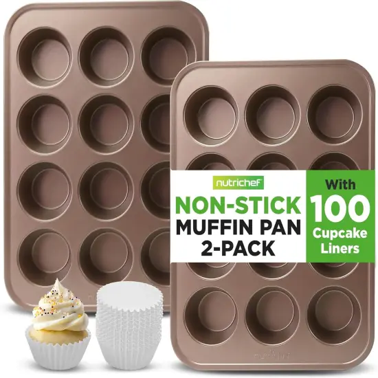 Muffin Pans for Baking, Nonstick 2-Piece Cupcake Tin w/ 12-Cups, Carbon Steel Stackable Cup Cake Tray, Dishwasher Safe - Gold {5}