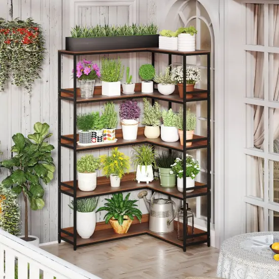 Costway Corner Bookshelf 5-Tier L-Shaped Bookcase 71" Tall Etagere Bookshelf with Metal Frame Brown/Gray {4}