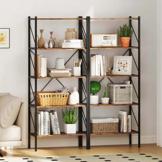 Costway 1/2 PCS 5-Tier Bookshelf, Industrial Tall Bookcase with Open Storage Shelves & Metal Frame Brown {2}