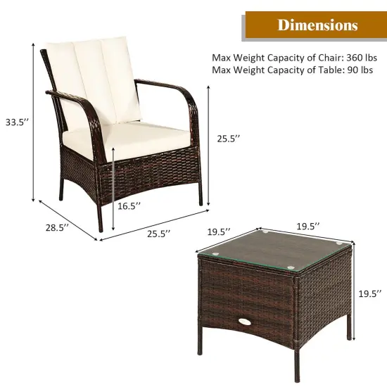 Costway 3 PCS Patio Rattan Furniture Set Coffee Table & 2 Rattan Chair W/White Cushions {3}