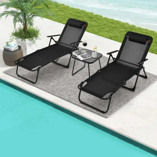 Costway 3pcs Patio Folding Chaise Lounge Chair PVC Tabletop Set Outdoor Portable Beach {1}