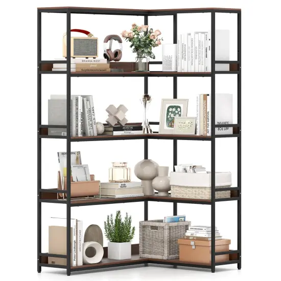 Costway Corner Bookshelf 5-Tier L-Shaped Bookcase 71" Tall Etagere Bookshelf with Metal Frame Brown/Gray {1}