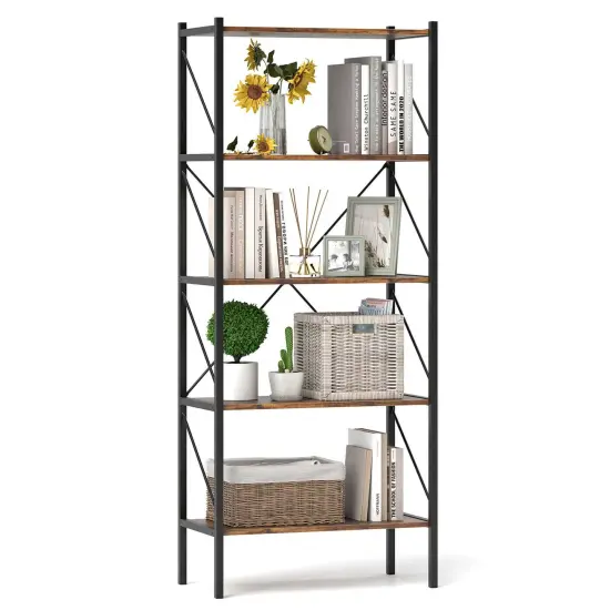 Costway 1/2 PCS 5-Tier Bookshelf, Industrial Tall Bookcase with Open Storage Shelves & Metal Frame Brown {7}