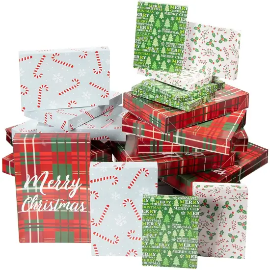 Juvale 48 Pack Empty Christmas Shirt Boxes, Assorted Size Gift Boxes with Lids, Holiday Boxes for Presents in 4 Festive Designs, Perfect for Xmas Wrapping {1}