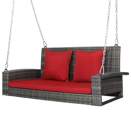 Costway 2-Person Patio PE Wicker Hanging Porch Swing Bench Chair with Cushion {1}