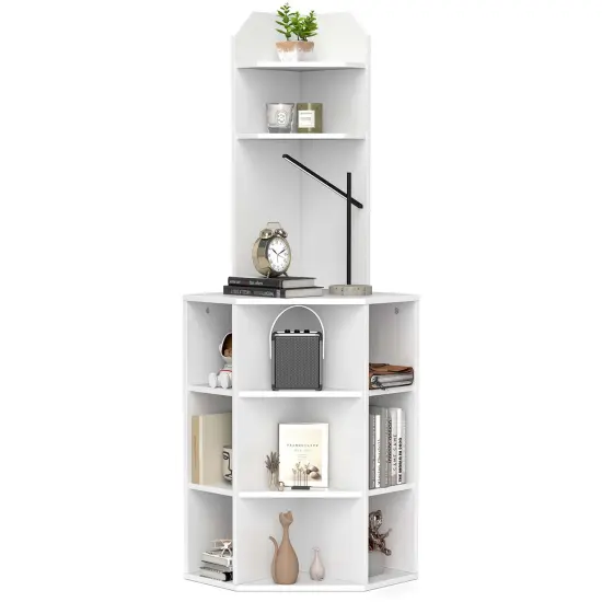 Costway 6-Tier Corner Shelf 63" Tall Corner Bookshelf with 2 USB Ports & Charging Station Brown/White {1}