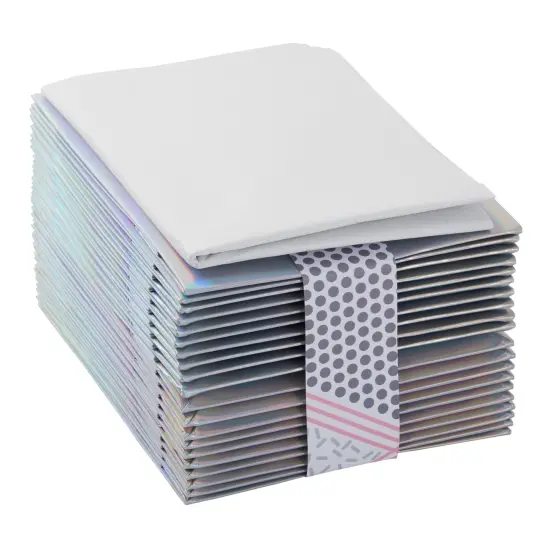 20-Pack Small Metallic Gift Bags with Handles, 5.5x2.5x7.9-Inch Paper Bags with Foil Coating, White Tissue Paper Sheets, and Tags for Small Business (Holographic) Silver {5}