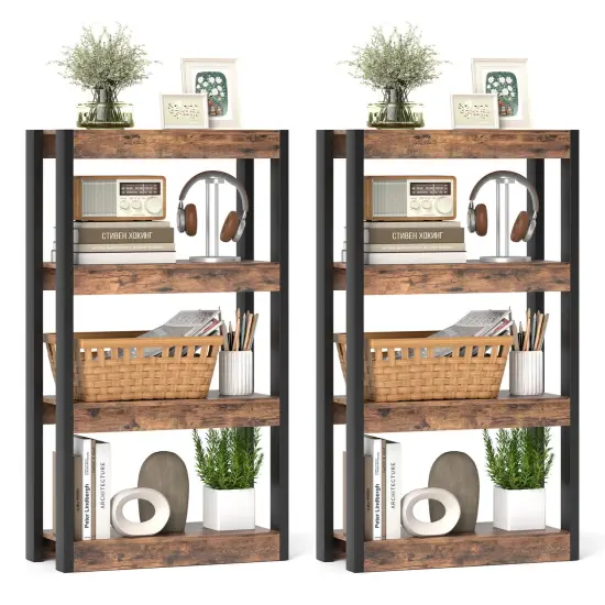 Costway 1/2 PCS 4 Tier Bookshelf Wooden Bookcase with Dual Anti-Tipping Kits Open Shelving Unit Natural/Brown {10}