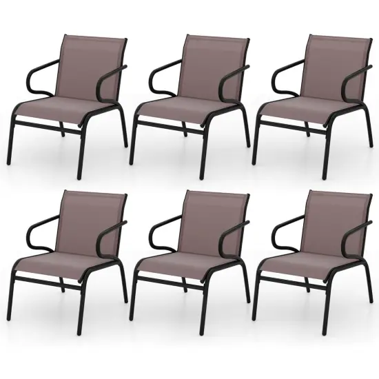 Costway Patio Chairs Set of 2/4/6 with Breathable Fabric & Metal Frame Armrests for Poolside Brown/Gay {9}