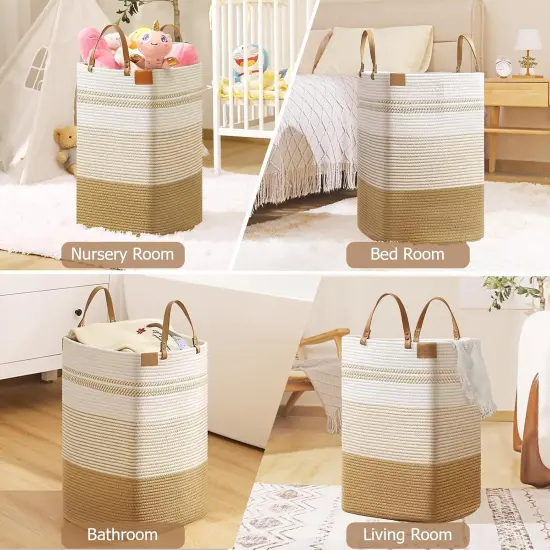 Large Laundry Hamper &ndash; 75 L Tall Woven Cotton Storage Basket with Leather Handles, Slim Dirty Clothes Hamper, Decorative Storage Basket {4}