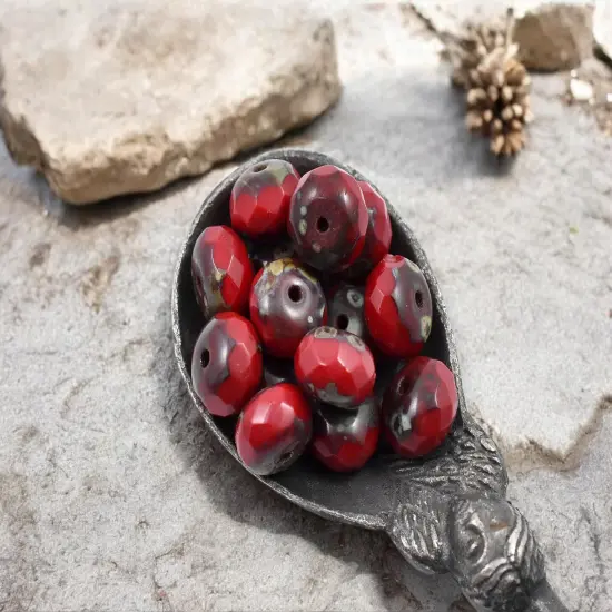 *25* 6x8mm Opaque Lipstick Red Picasso Firepolished Rondelle Beads {3}