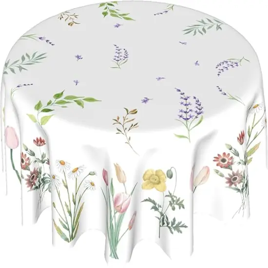 Watercolor Wild Floral Leaf Tablecloth Round 60 Inch,Spring Summer Colorful Flowers Polyester Circle Table Cloth Wrinkle Stain Resistant Washable Table Cover for Kitchen Dining Room Party Picnic {1}