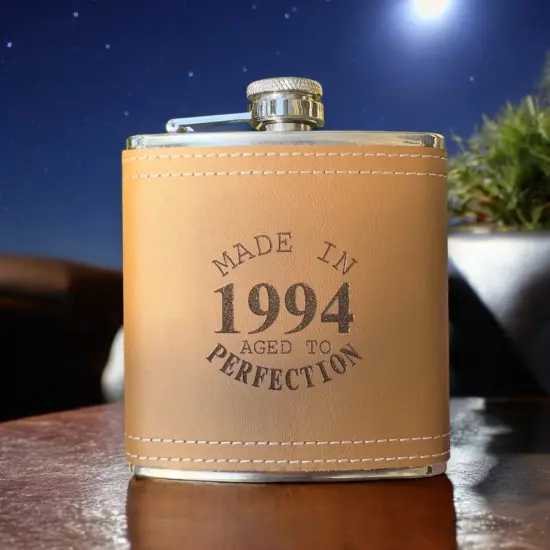 6oz Made in 1994 Aged to Perfection Leather Flask {4}