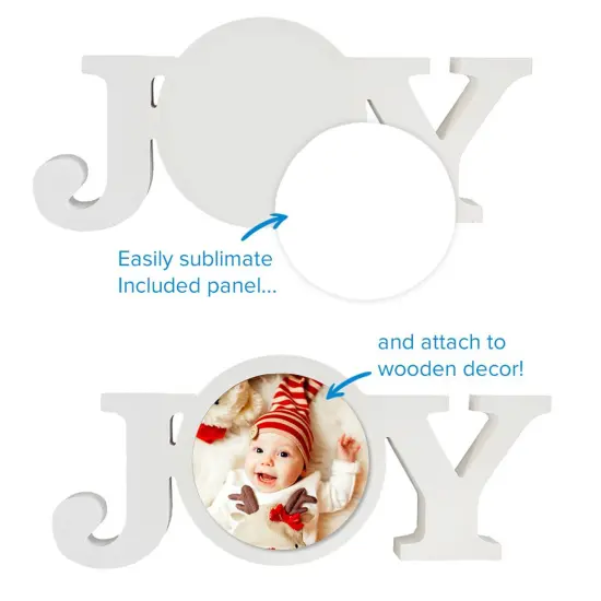 Sublimation Christmas White Coated Wood Word Blocks D&eacute;cor for Holiday&ndash; Sublimation Ready with 3.74&rdquo; Plate- Joy {2}