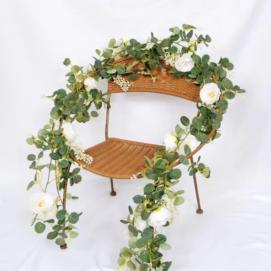 Eucalyptus Garland with Camellias Flowers, 6 FT Artificial White Flower Garland Floral Vines 1 Piece Eucalyptus Leaves Vines for Wedding Party Decor {4}