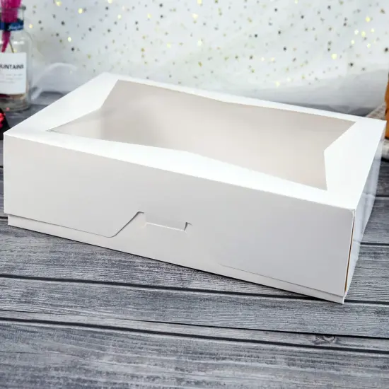 14 x10 x 3inch White Lock Corner Window Bakery Cookie Boxes, Large Paperboard Container with PVC Windows for Pie, Pack of 12 {5}